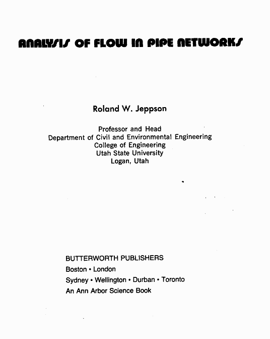 The title page of Analysis of Flow in Pipe Networks by Jeppson.
